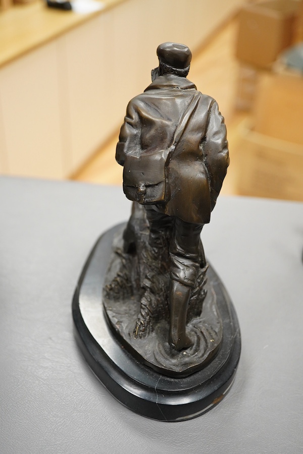 After Pierre-Jules Mene (1810-1879), a bronze hunting group on marble base, 18cm